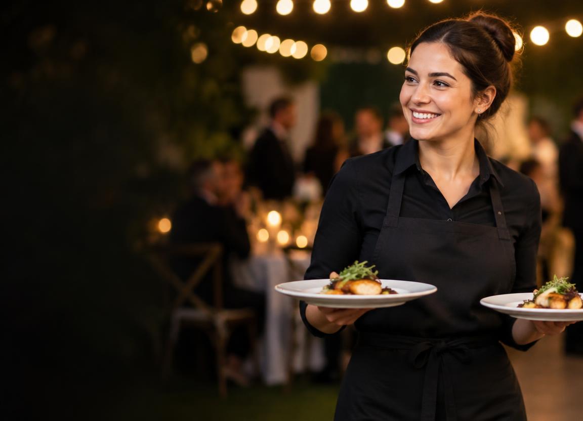 Catering server carrying plated meals at an evening event