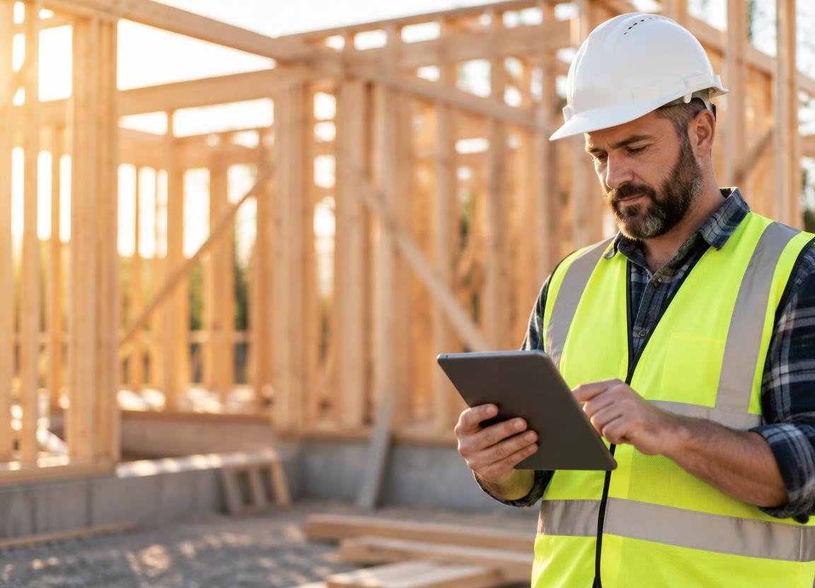 Contractor in a hard hat checking a tablet on a building site