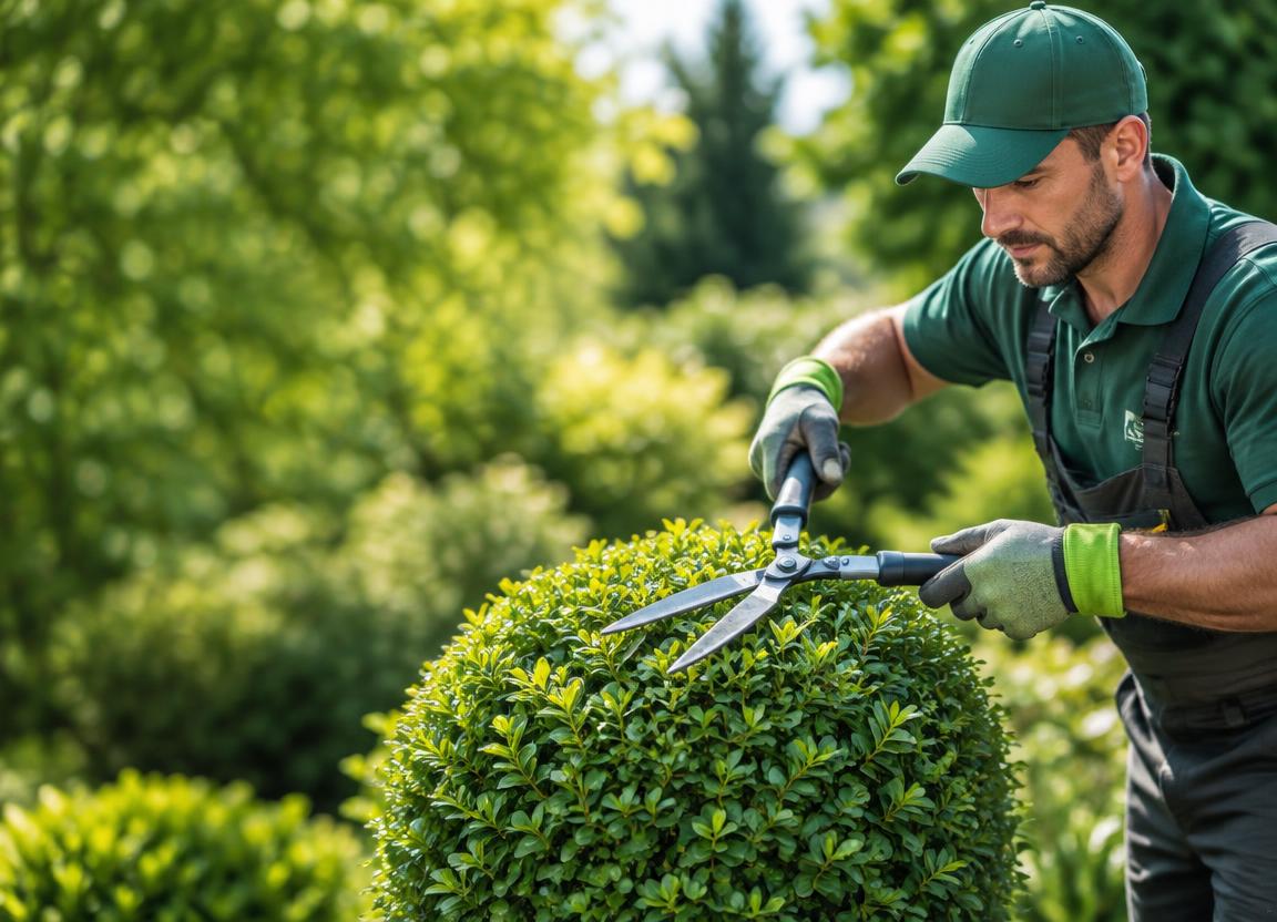 Landscaper trimming a shrub in a garden